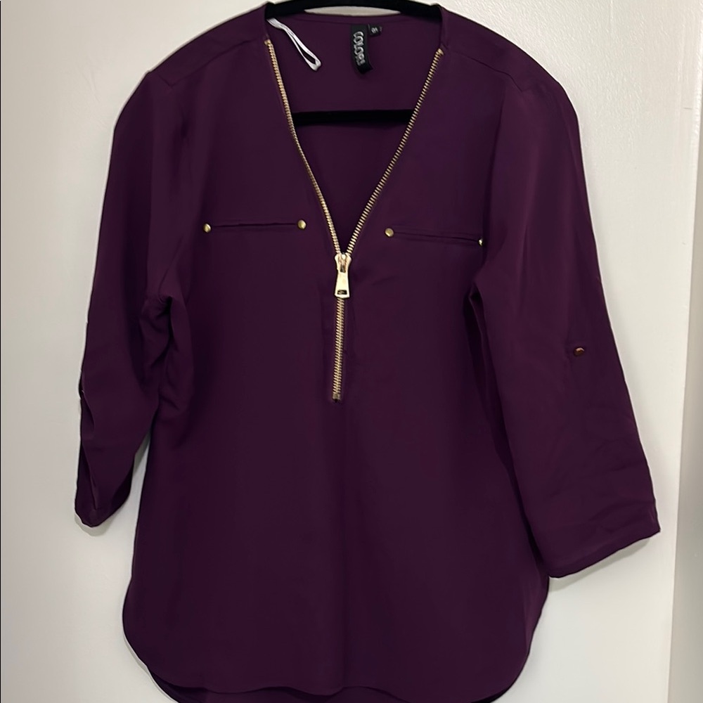 Purple Blouse with Zippered Front and 3/4 Sleeves